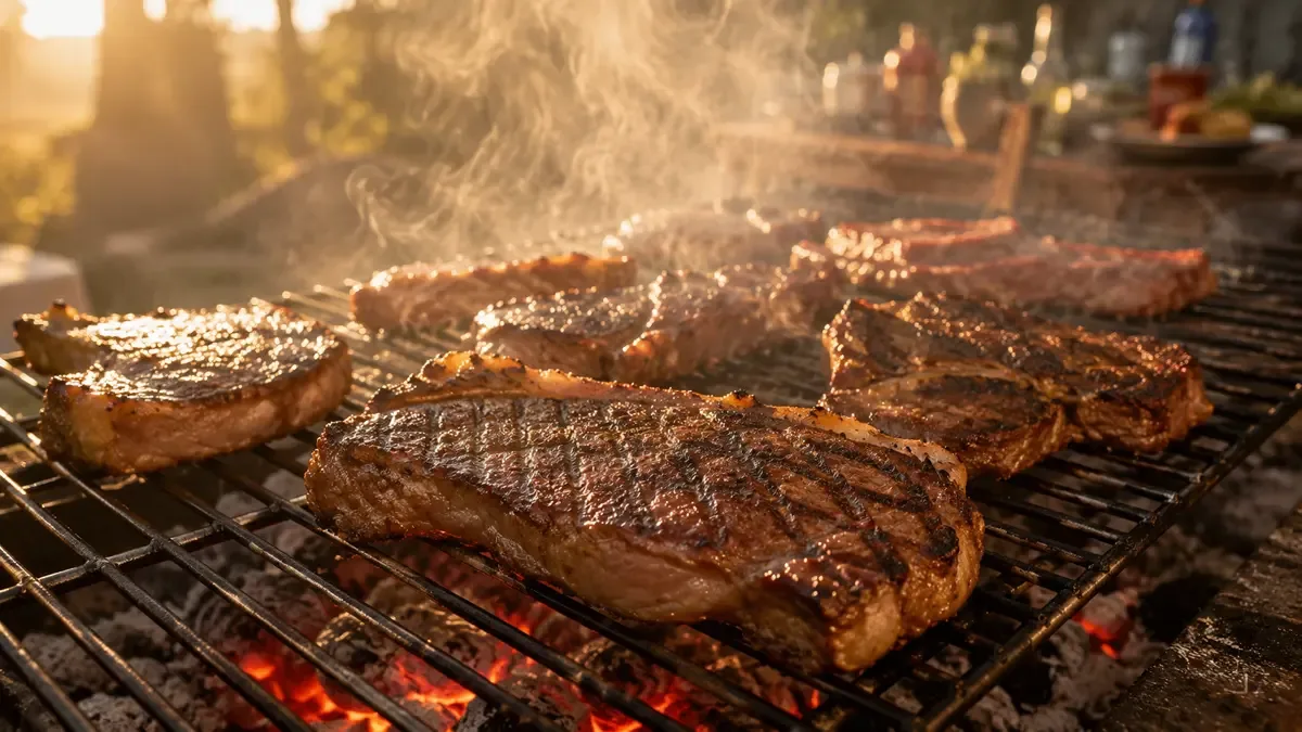 Cortes de carne dorándose sobre una parrilla con brasas