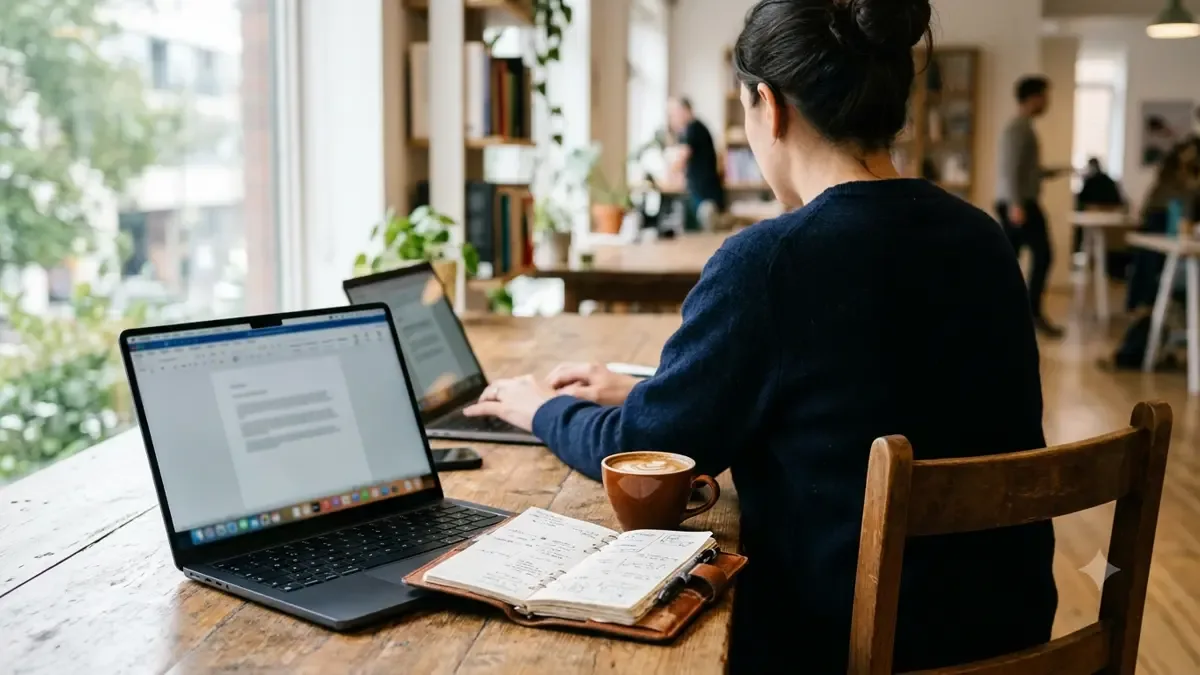 Escritorio de oficina con notebook, agenda y taza de café