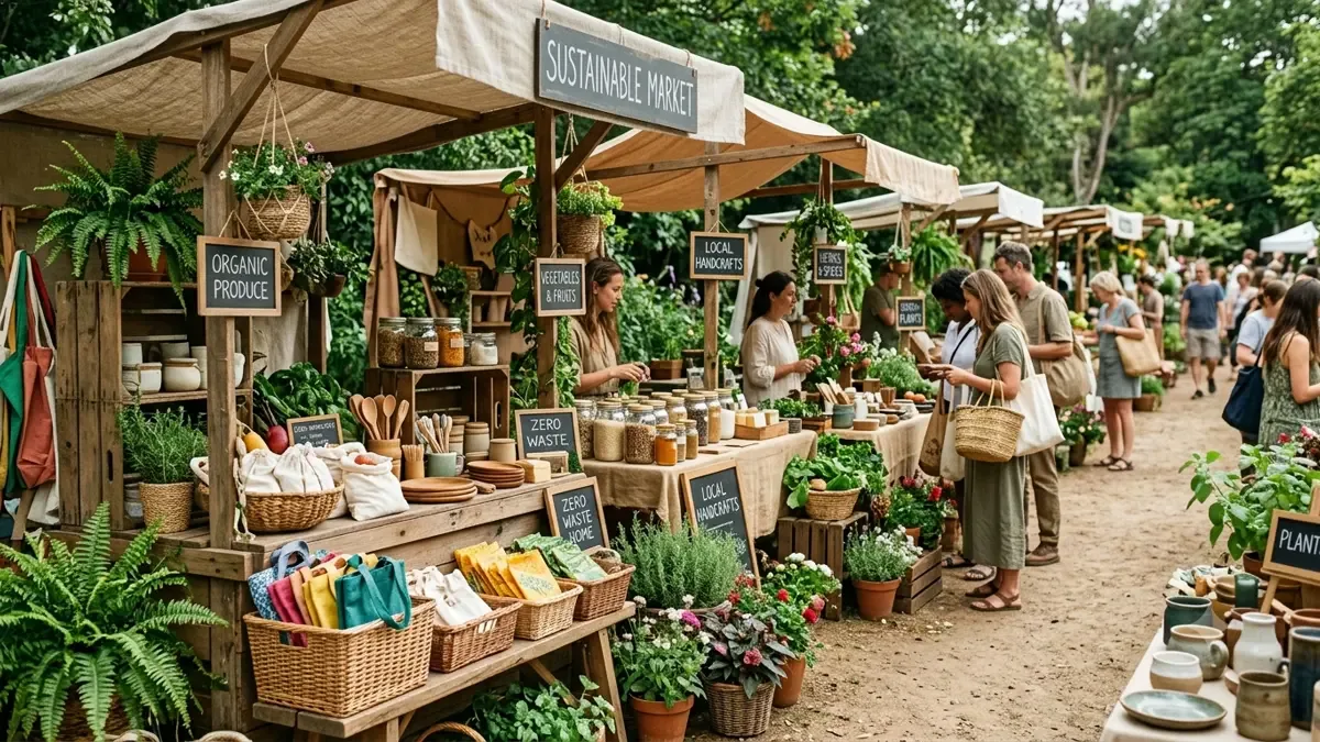 Feria de sustentabilidad con puestos y plantas