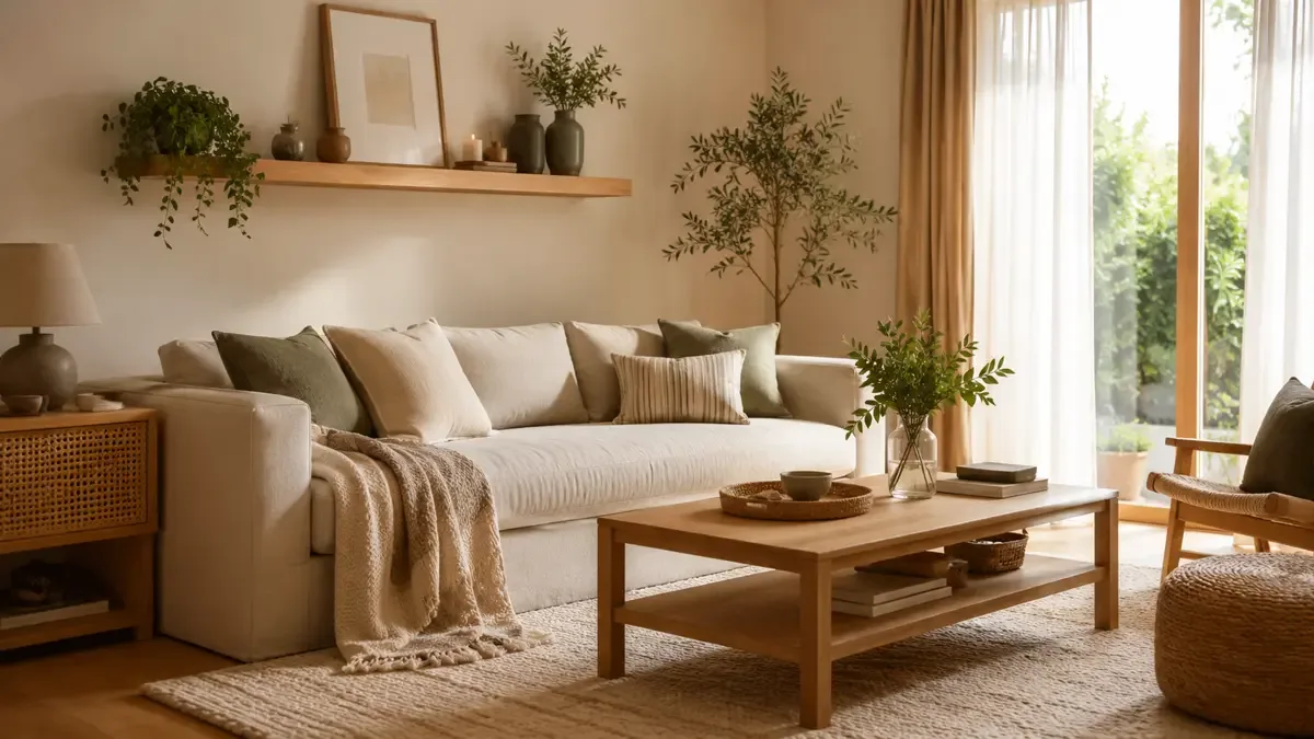 Living decorado con muebles de madera clara y luz natural
