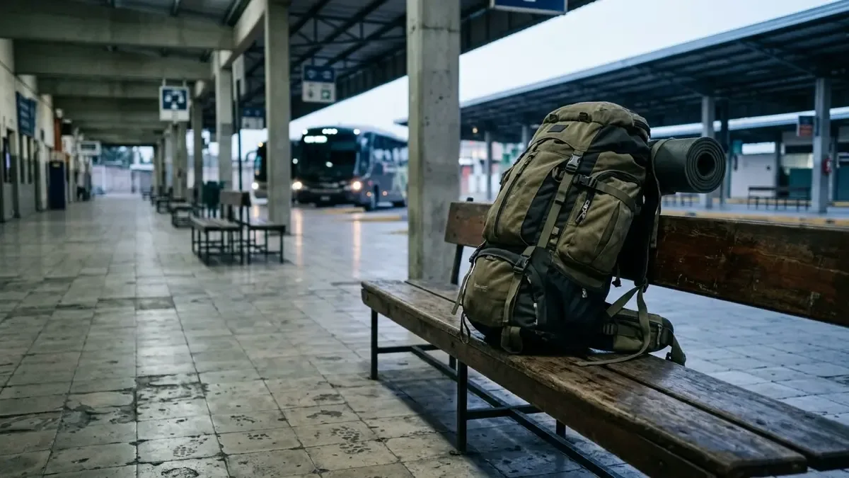 Mochila de viaje apoyada sobre un banco en la estación de micros