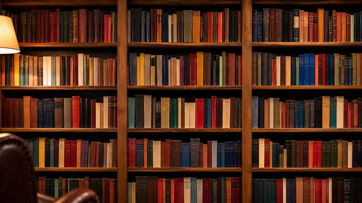 Estantería de biblioteca repleta de libros de distintos colores