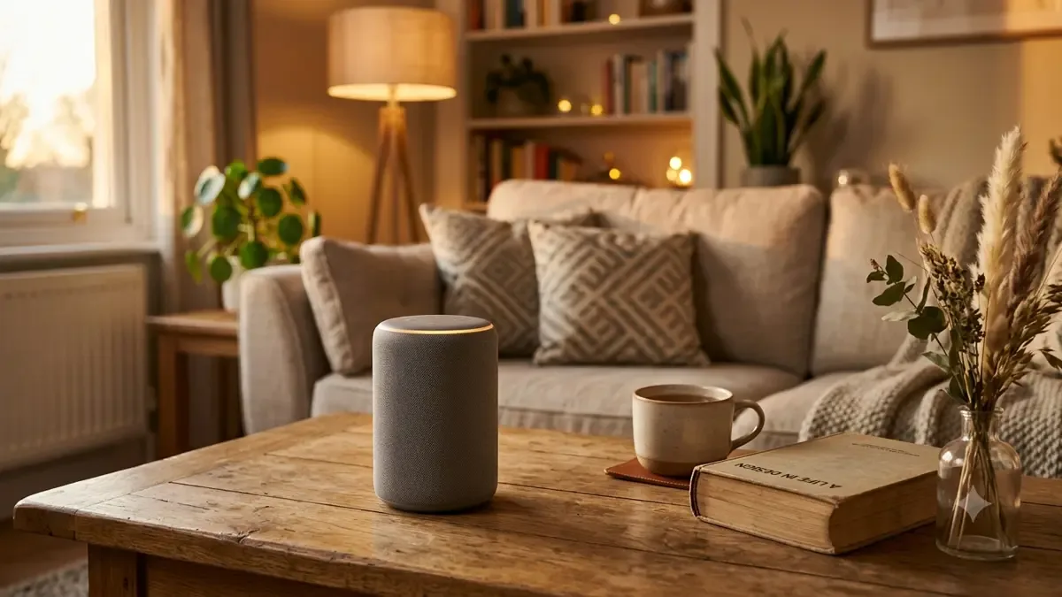 Parlante inteligente genérico sobre una mesa de living