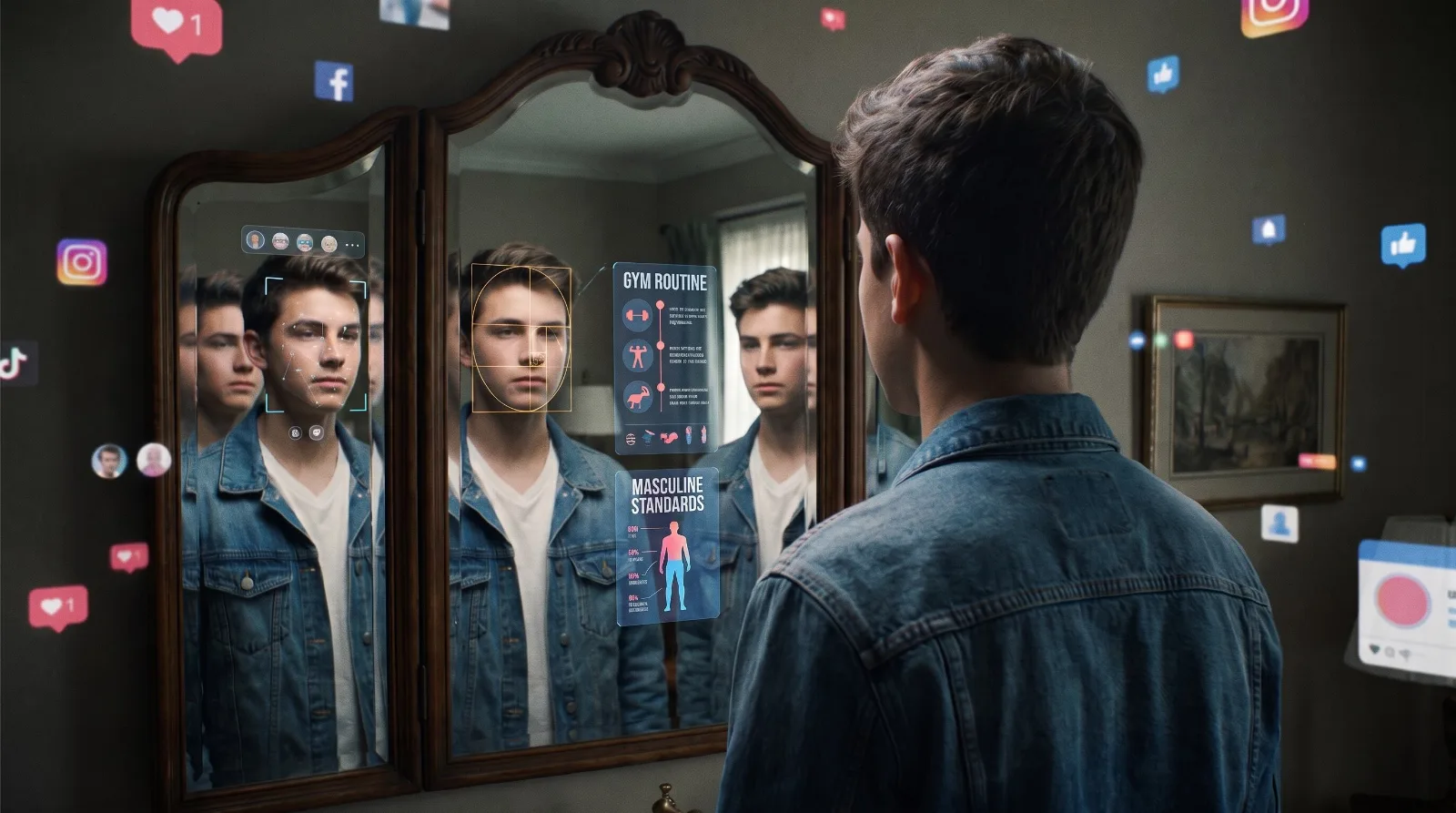 Adolescente mirándose al espejo con productos de skincare y pesas, reflejando obsesión estética