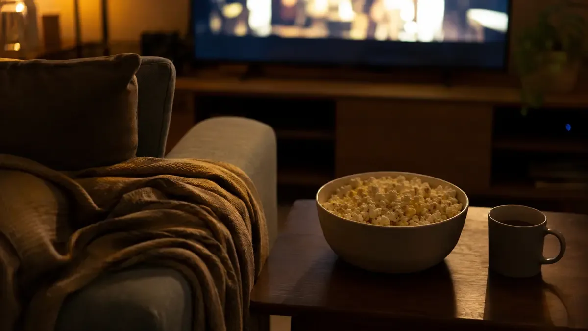 Sillón con manta, bol de pochoclo y taza frente a un televisor encendido